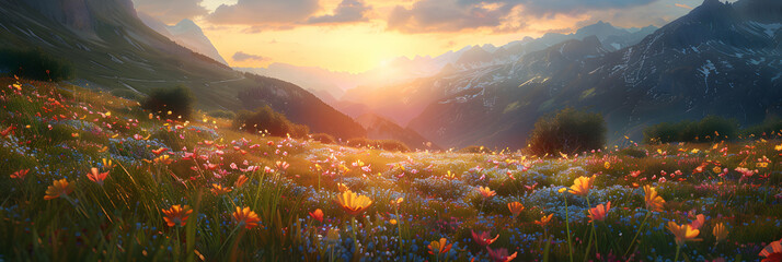 Serene Sunrise Over Alpine Meadow   Vibrant Wildflowers  Grasses Illuminated by Dawn   Photo Realistic Concept of Tranquil Alpine Landscape