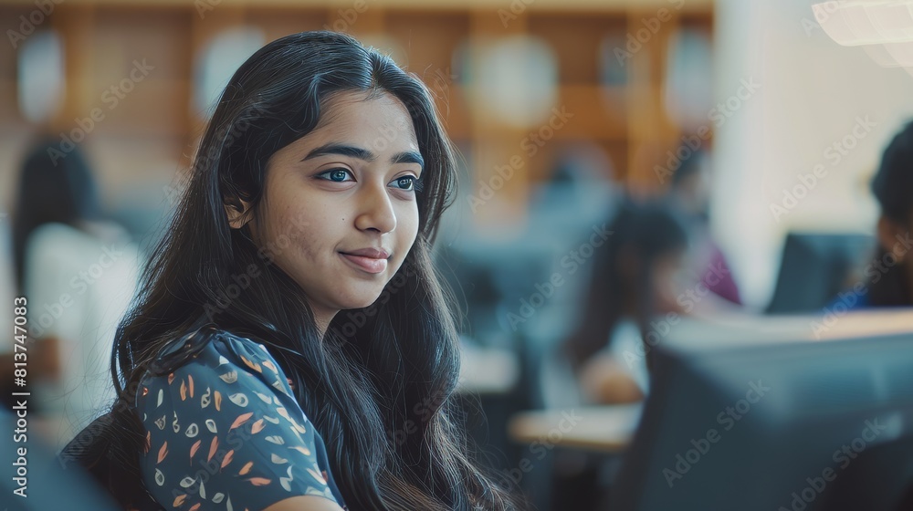 Poster student with diverse multicultural classmates studying at a university. indian girl has a conversati