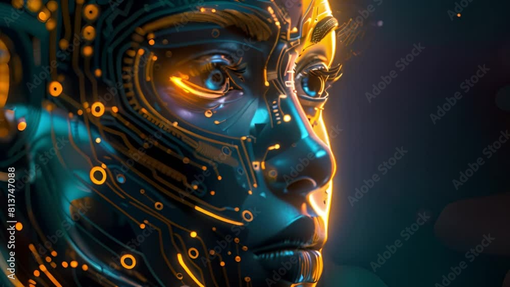 Poster a detailed profile of a cyborg with glowing electronic circuits integrated with human features.