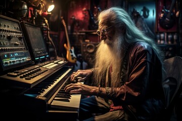 Senior man with long white hair plays the keyboard in a dimly lit room filled with musical...