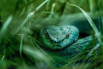 Close-up shot of a green pit viper in the grass. snake in the grass