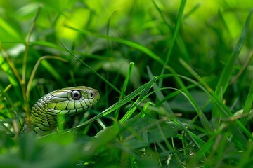 Green grass snake in the green grass with natural green background, close up