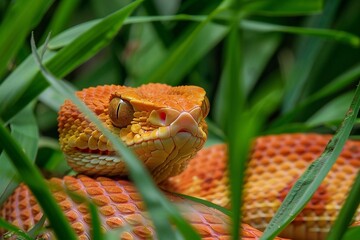 Close up of the head of an orange snake in the grass.
