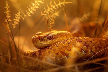 Close-up portrait of a red rattlesnake in the grass
