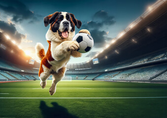 Ein Bernhardiner im Stadion springt hochund hält den Fußball, copy space