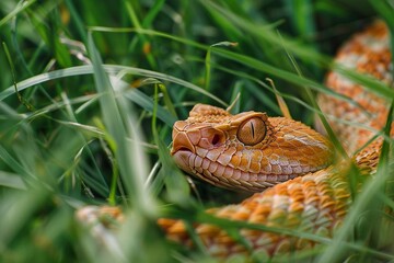 Close-up of a red viper in the green grass.