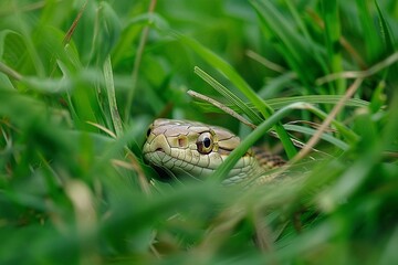 Snake in the green grass, close-up of a snake