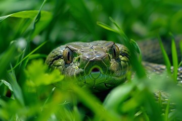Close up of a snake in the grass with green background. Close-up portrait of a snake