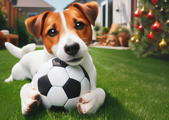 Ein Jack Russell Terrier liegt auf grünem Rasen und hält liebevoll einen Fußball in seinen Pfoten