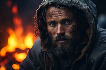 Fototapeta premium Closeup of a man s face lit by the glow of a campfire, in awe as he listens to wild wolves howling, nighttime setting