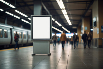 An empty blank billboard or advertising poster in a train station with blurred people