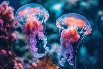 Beautiful jellyfishes swimming in the sea. Colorful jellyfish. Underwater world.