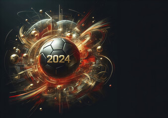 Fußball mit der Aufschrift 2024 und mit dynamischen Kreisen auf schwarzem Hintergrund, copy space