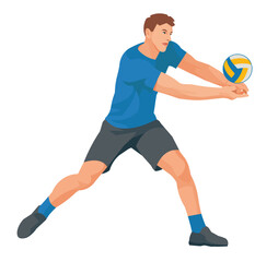 Figure of a professional volleyball player in a blue T-shirt who bumps the ball with hands
