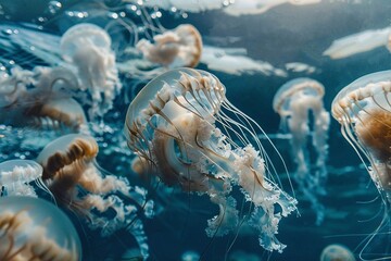 Jellyfish swimming in the deep blue water of the ocean.