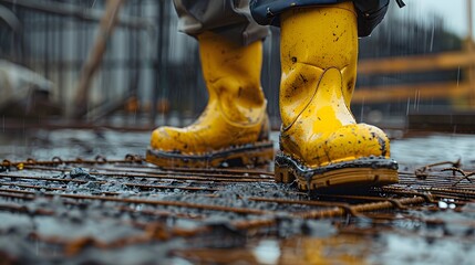 A close up of a worker in yellow PVC work boots, in a wet constriction ground, industrial photography