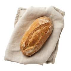 Freshly baked bread on linen towel isolated on white background.