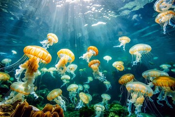 Beautiful jellyfish swim in sea water with sunbeam. Underwater world.
