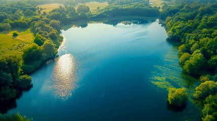 aerial view of the landscape of the summer nature of green trees and a lake.	

