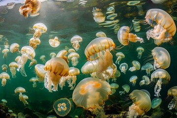 Jellyfish swimming in the water. Beautiful jellyfish swimming underwater.