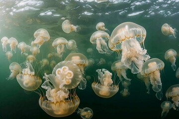 Group of jellyfish floating in the water. Jellyfish is a species of marine mammal.