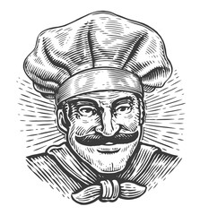 Happy smiling male chef in toque. Cook in chefs hat. Cooking, culinary, restaurant kitchen concept