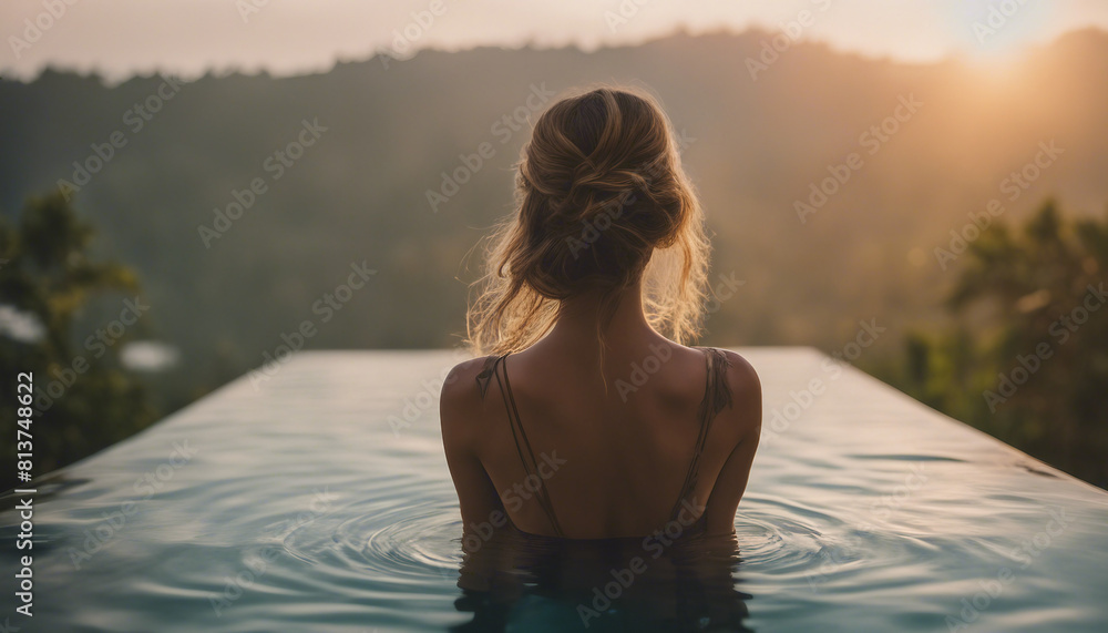 Wall mural Portrait of woman in infinity pool in Bali, sunset view
