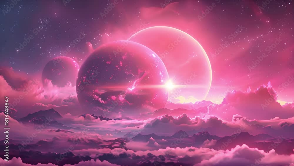 Poster pink planets suspended in the sky among fluffy clouds, creating a surreal and captivating scene.