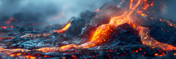 Photo realistic volcanic river of lava flowing from an active volcano, showcasing the dynamic and fluid nature of molten rock   unique stock photo concept