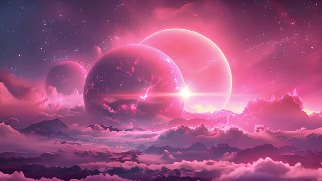 Pink planets suspended in the sky among fluffy clouds, creating a surreal and captivating scene.