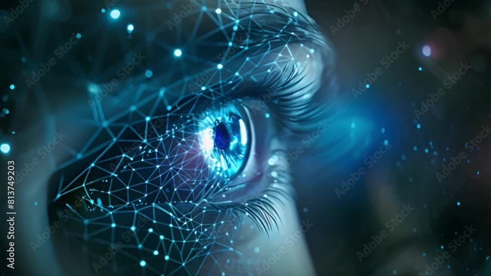 Poster close-up view of a womans eye with a high-tech futuristic background, showcasing a blend of human an