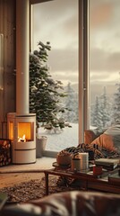 a cozy penthouse nestled amidst the Arctic snowscape, focusing on the inviting ambiance created by a crackling white stove.