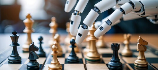 Close up of ai robot s hand strategically moving chess pieces in an intense and strategic game