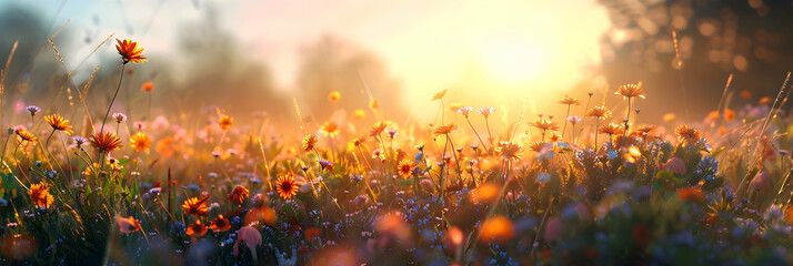 Wildflowers in Morning Light: Peaceful Meadow Blanketed in Sunrise Glow