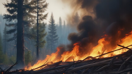 Burning small fallen trees and branches in the forest. The start of a fire after an abandoned fire