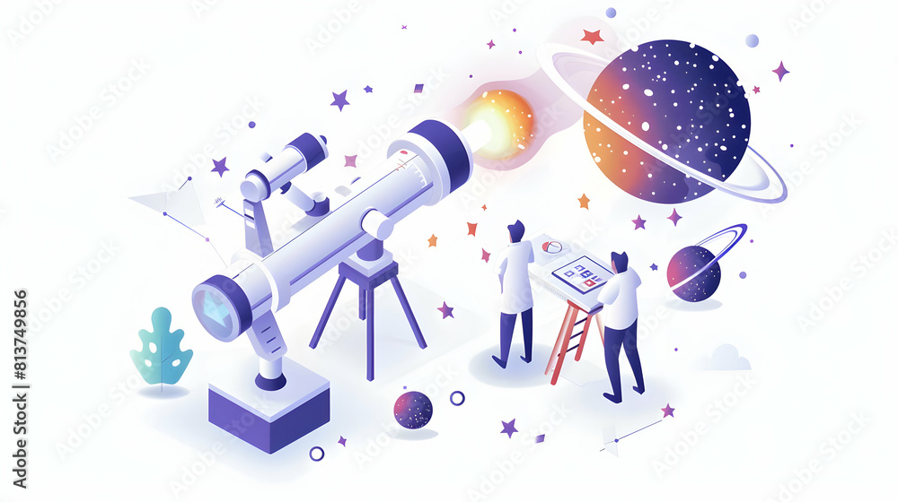 Aufkleber simple flat design icon: advanced telescopic research scientists using advanced telescopes to study 