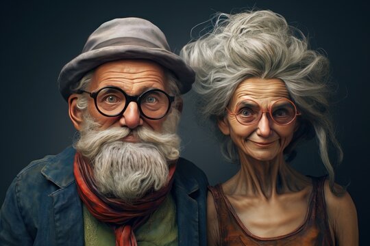 Playful senior man and woman with exaggerated features posing humorously