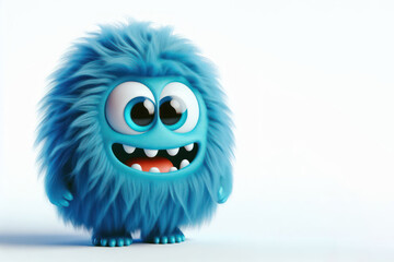 Obraz premium 3d Blue fluffy cartoon monster with playful expression standing isolated on a white background