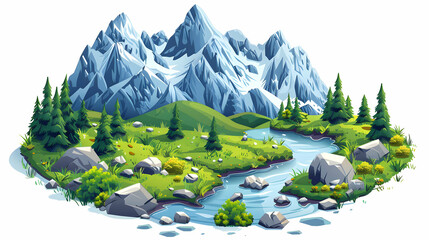 Alpine Meadows and Mountain Streams : Simple Flat Design Icon Showcasing Pure and Untouched Waters of the Region
