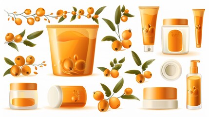 Realistic set of sea buckthorn cosmetics modern objects with a glossy orange seaberry, olive green leaves isolated on white, magazine mockup.