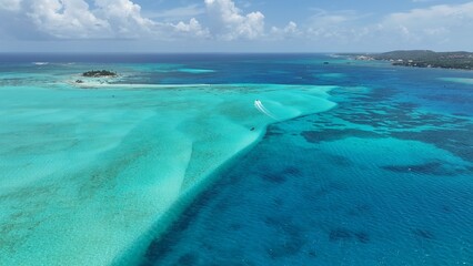 Fototapeta premium Underwater Dunes At San Andres Caribbean Island Colombia. Blue Sea San Andres Caribbean Island. Coast Sky Seaside Summertime. Coast Outdoor Seaside Beach Panoramic.