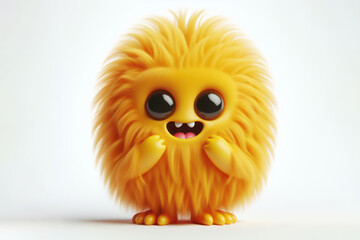 Fototapeta premium 3d yellow fluffy cartoon monster with playful expression standing isolated on a white background