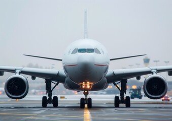 Commercial Airplane on Runway Ready for Takeoff at Airport during Overcast Weather