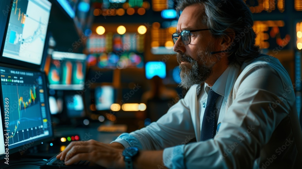 Poster detailed portrait of a middle-aged stock exchange broker working on a multi-screen workstation with 