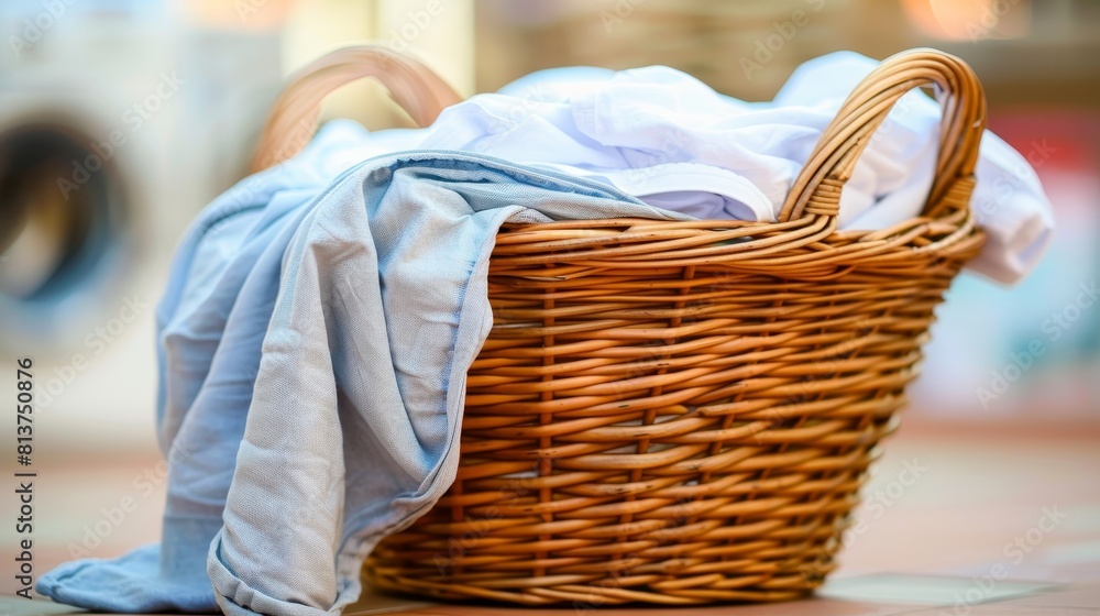Aufkleber laundry basket and washing machine with copy space on defocused background for text placement