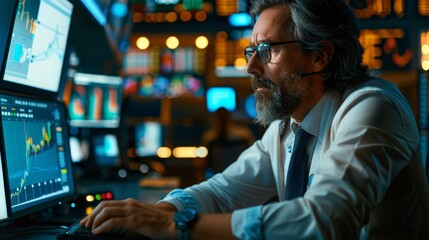 Detailed portrait of a middle-aged stock exchange broker working on a multi-screen workstation with real-time charts for stocks, commodities, and exchange markets. - Powered by Adobe