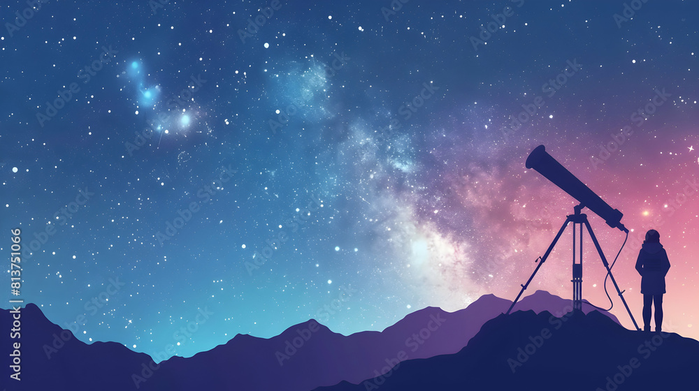 Poster astronomer using powerful telescope to observe galaxies, enlightening our universe simple flat desig