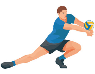 Isolated figure of a volleyball player in blue uniform who crouches down and hits the ball