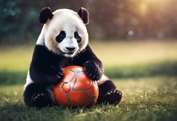 AI generated illustration of a panda sitting beside a soccer ball on grass