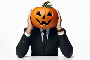 Man with a pumpkin on his head on a white background